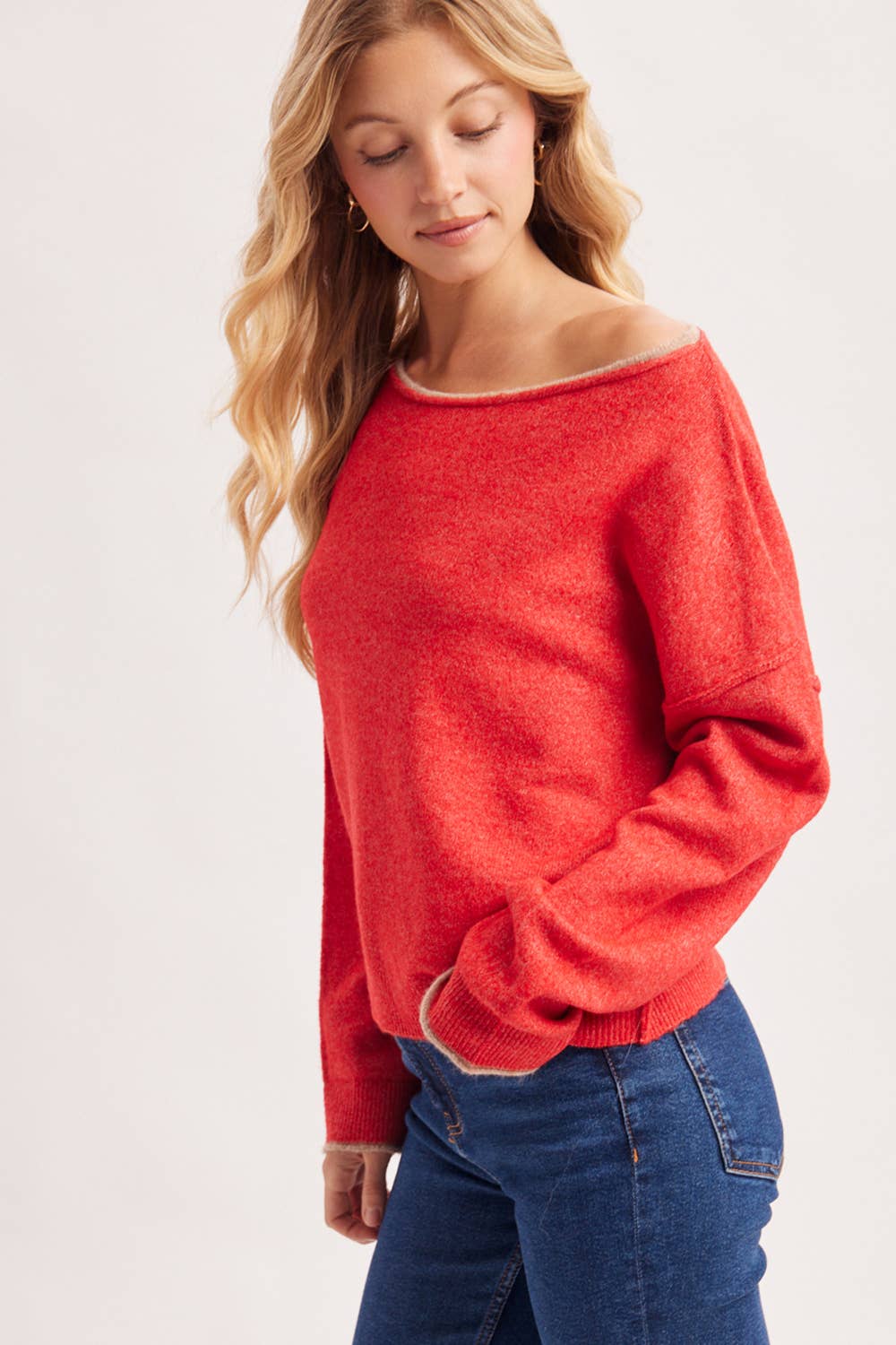 ELOWEN SOFT HEATHERED KNIT PULLOVER SWEATER-Red