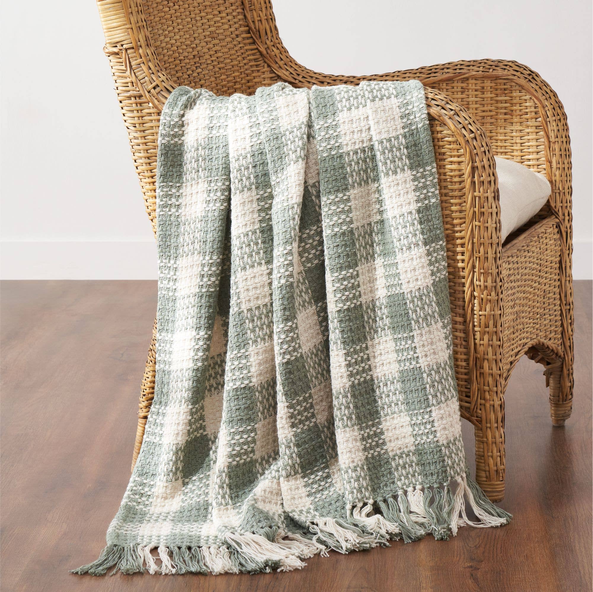 Pistachio Woven Check Throw Blanket with Fringe