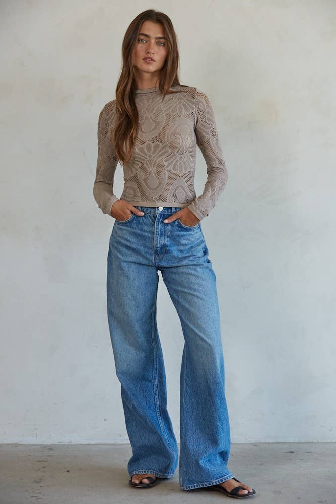 Jacquard Mock Neck Long Sleeve Top-Ash Mauve