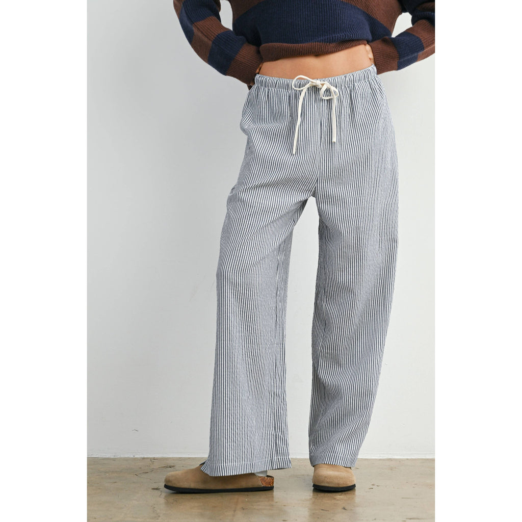 Drawstring Waist Striped Pants-NAVY