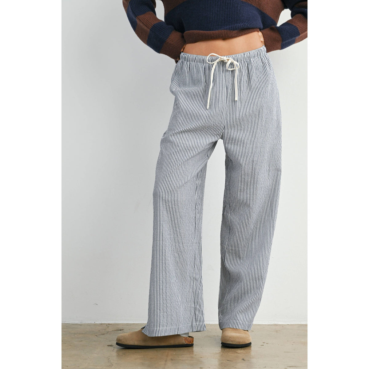 Drawstring Waist Striped Pants-NAVY