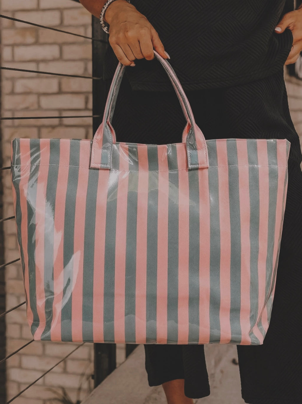 66 Glossy Striped Large Tote Bag-Green & Pink