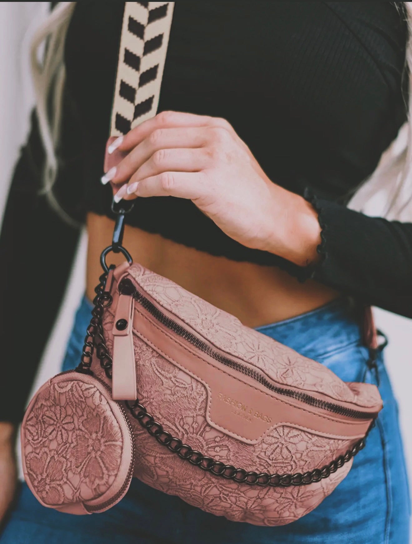 Colorblock Strap Chain Shoulder Bag With Coin Purse-Pink
