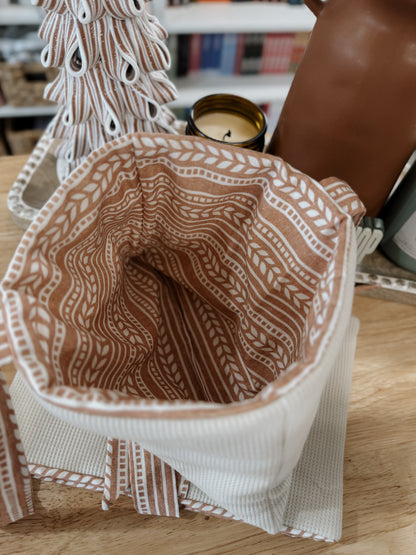 Small Waffle Knit Book Sleeve-Ivory w/ Orangish/Pinkish Design