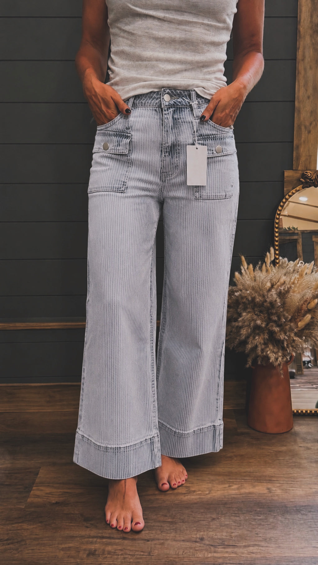 Sky Blue Striped Cuffed Wide Leg Jeans