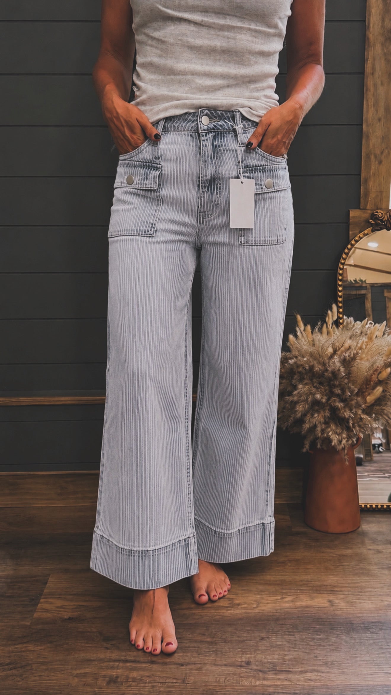 Sky Blue Striped Cuffed Wide Leg Jeans