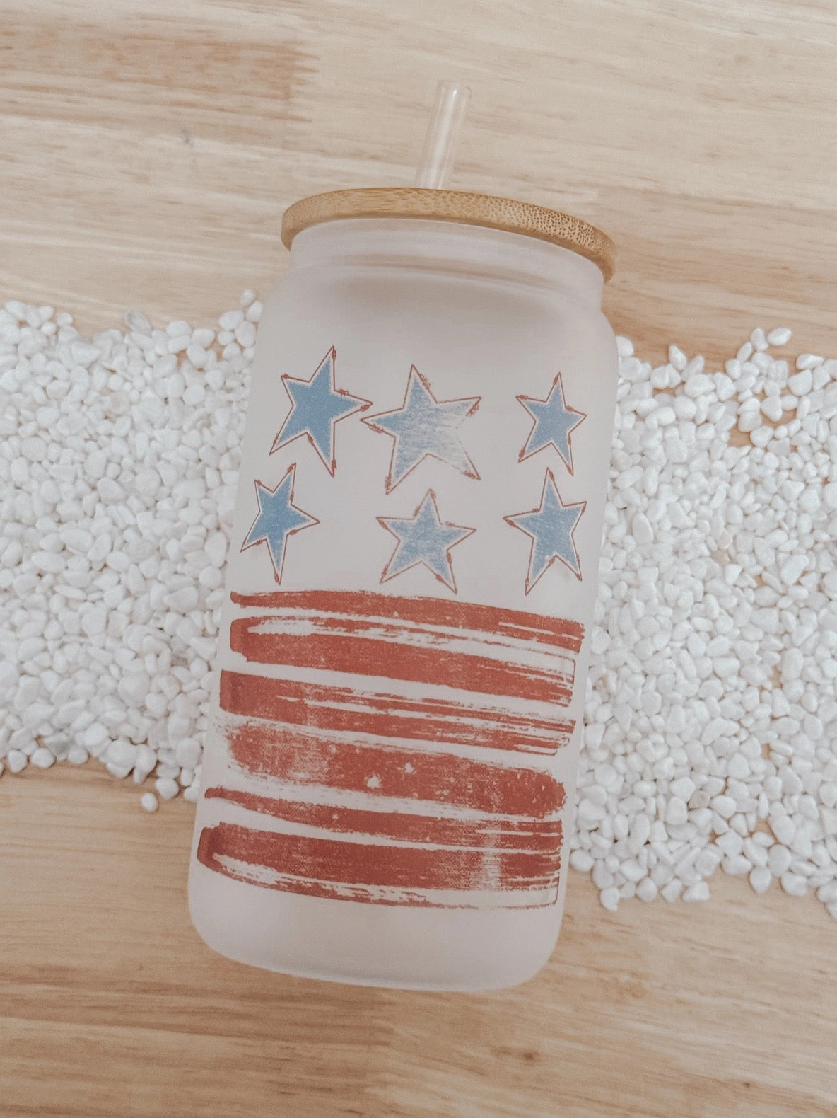 Patriotic Stars and Stripes 16oz Frosted Glass Cup w/ Bamboo Lid