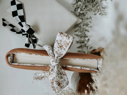 Small Waffle Knit Book Sleeve-Brown w/ White & Floral-PRE-ORDER