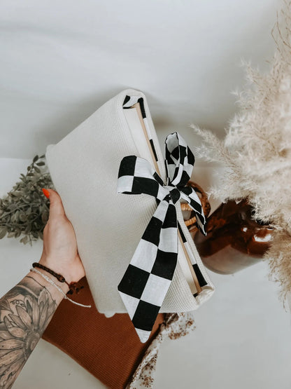 Large Waffle Knit Book Sleeve-Ivory w/ Black & White Checkered-PRE-ORDER