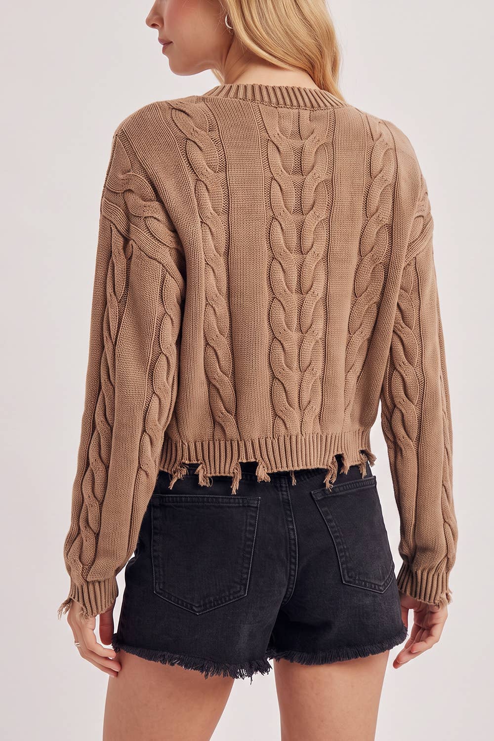 V-NECK CROPPED CHUNKY CABLE KNIT WASHED SWEATER
