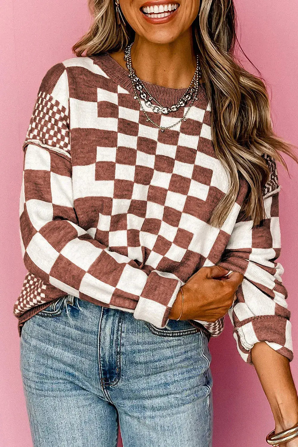Rust Checkered Print Drop Shoulder Round Neck Sweater