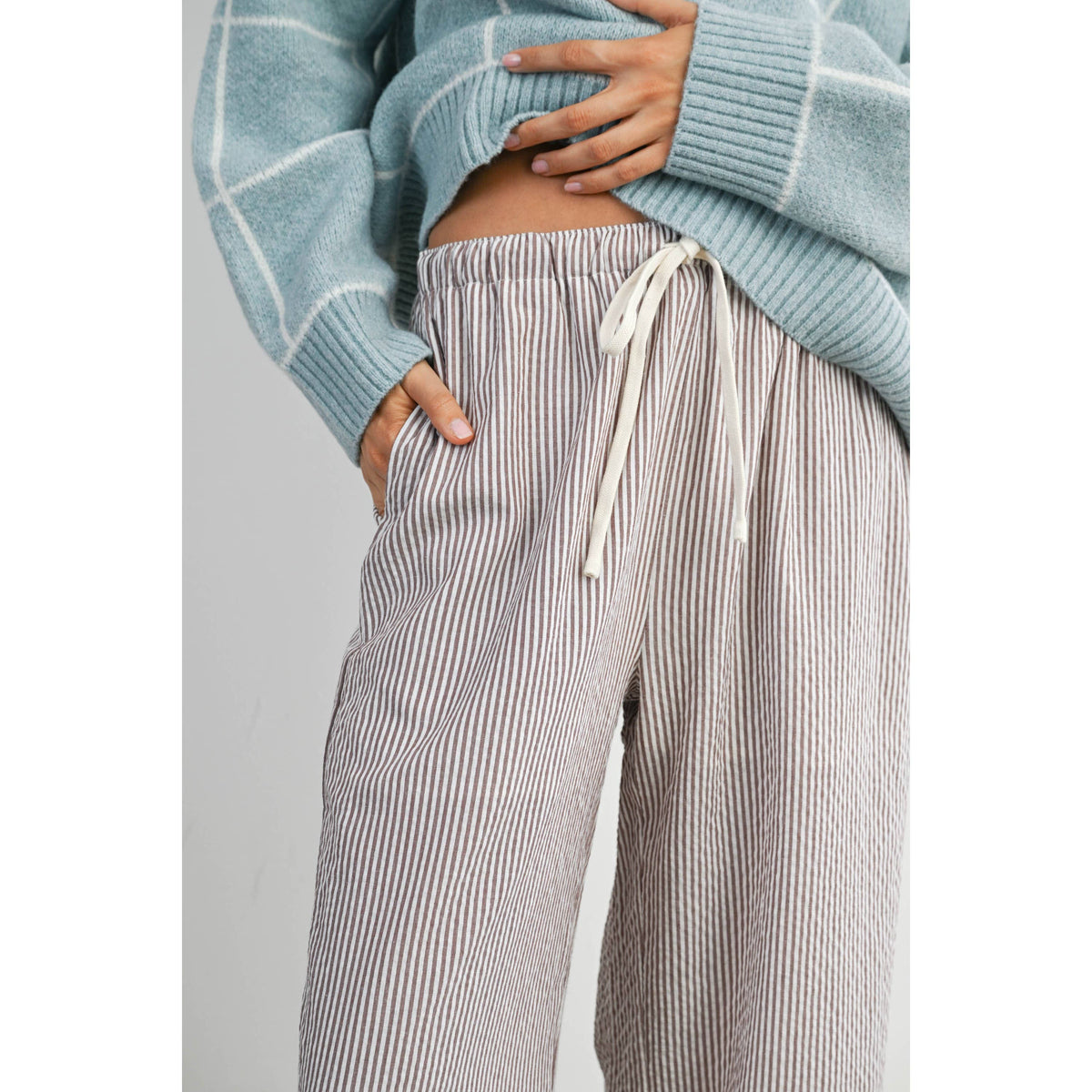 Drawstring Waist Striped Pants -BROWN