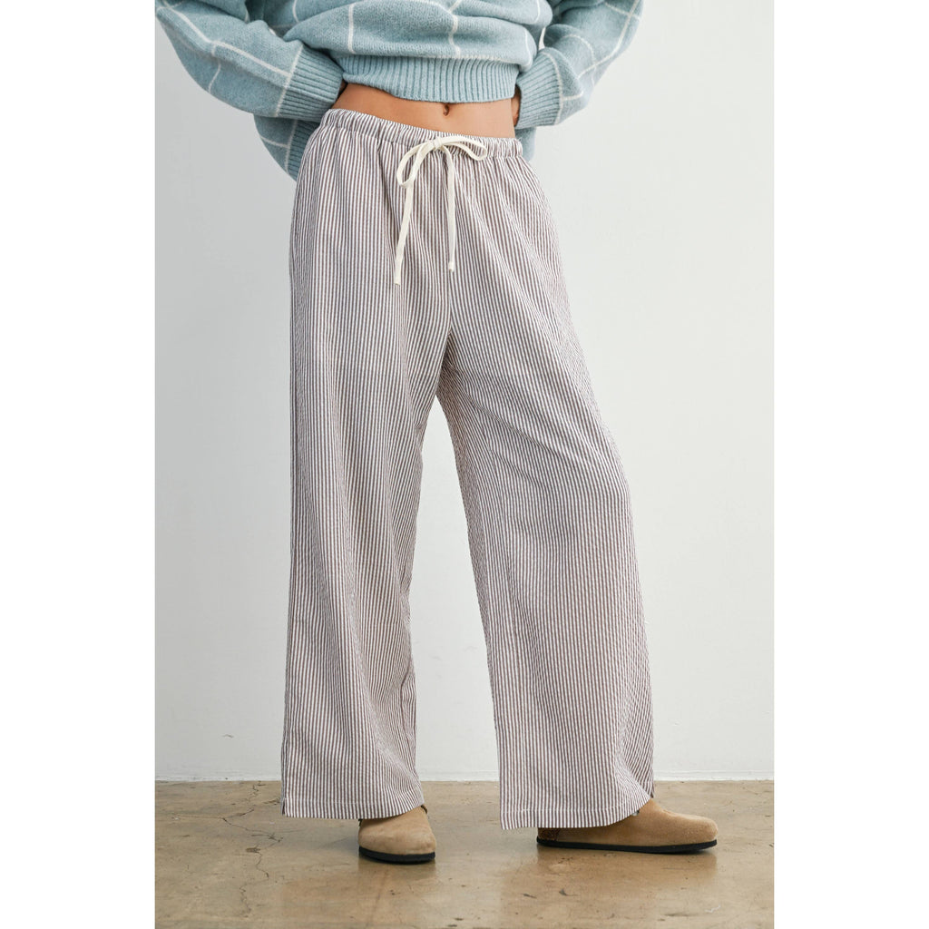 Drawstring Waist Striped Pants -BROWN