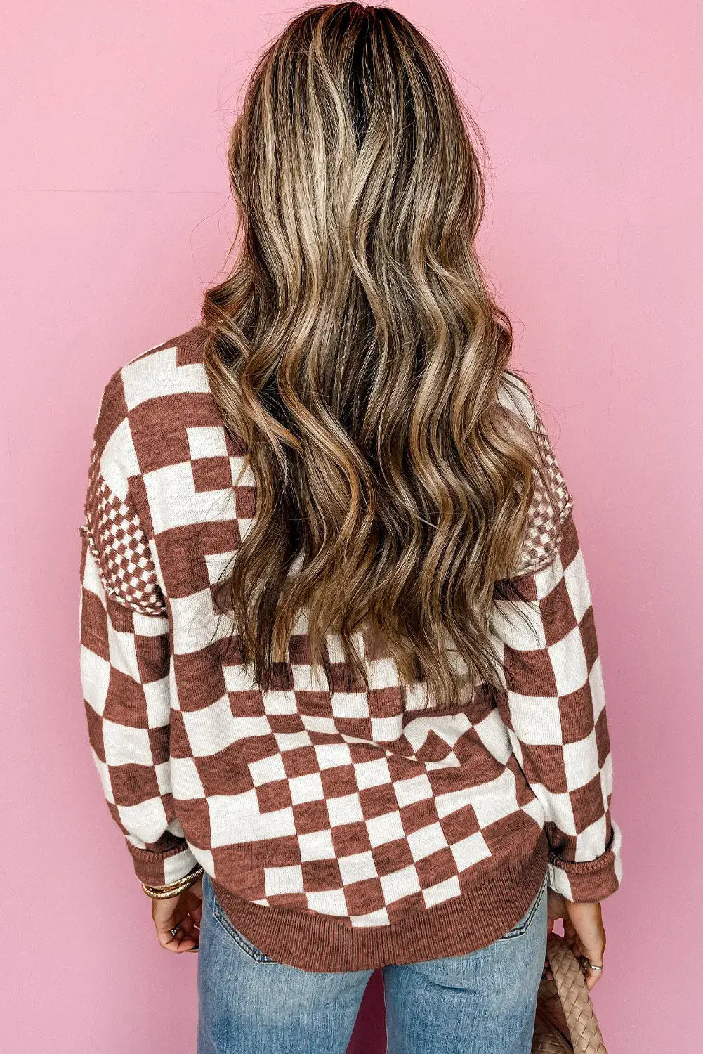 Rust Checkered Print Drop Shoulder Round Neck Sweater