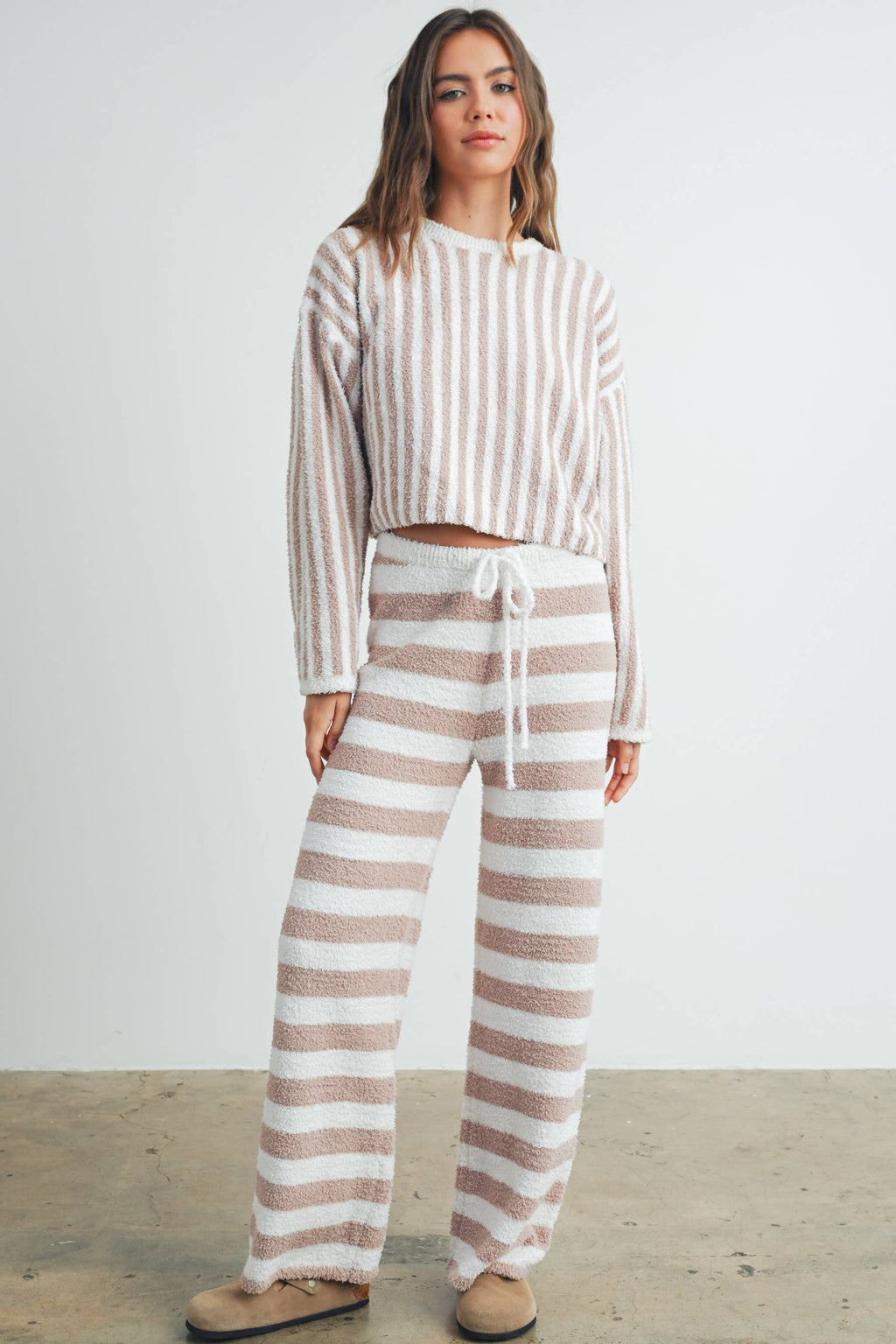 Cozy Striped Round Neck Sweater-TAUPE