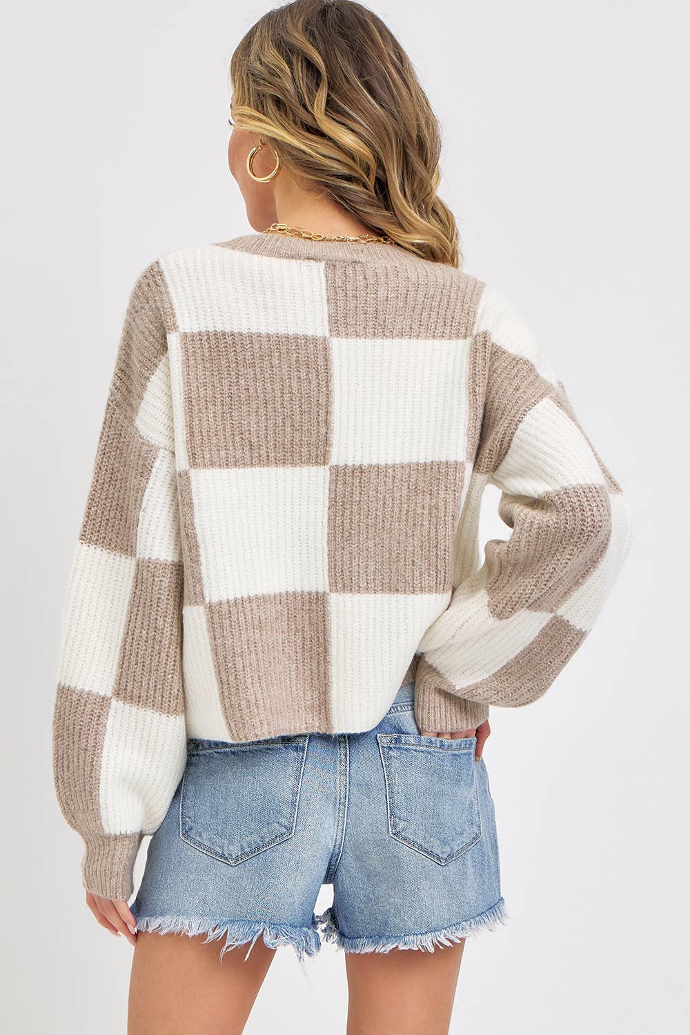 CASUAL & COZY  RELAXED FIT CHECKER KNIT SWEATER -MOCHA