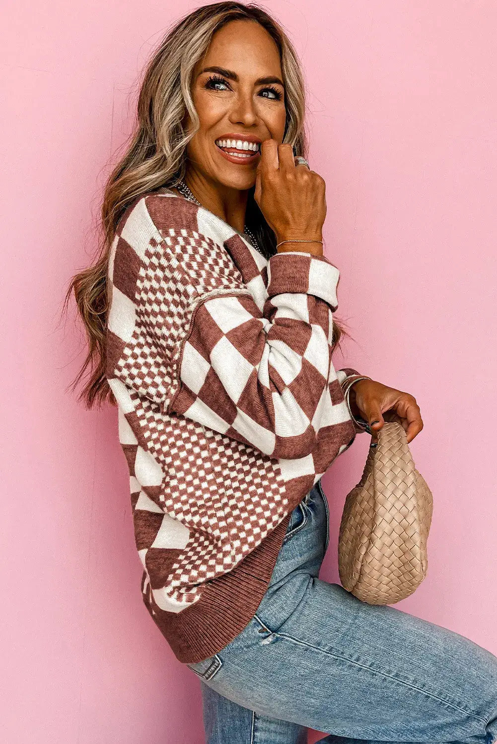 Rust Checkered Print Drop Shoulder Round Neck Sweater