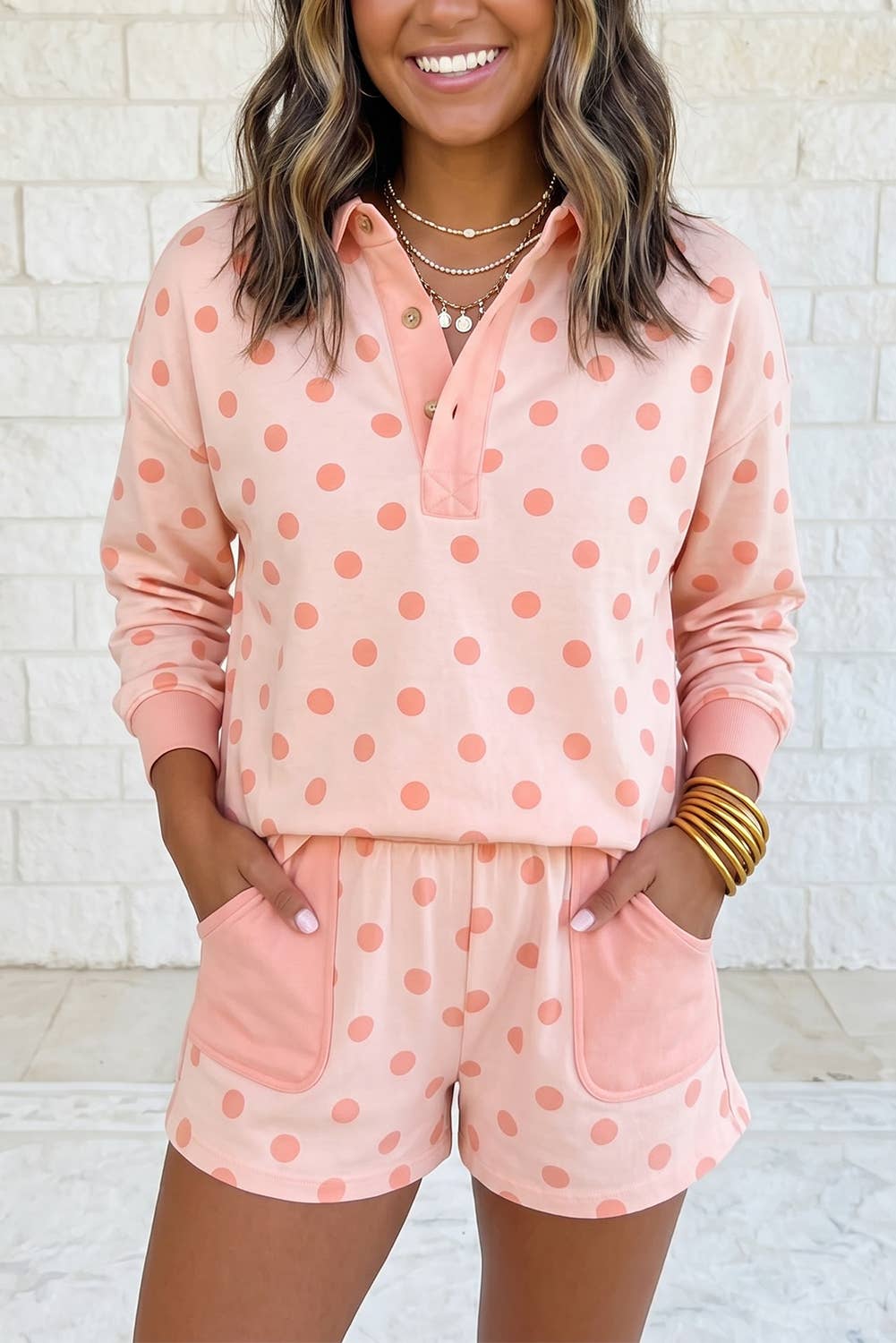 Polka Dot Contrast Patchwork Long Sleeve Top Short Set
