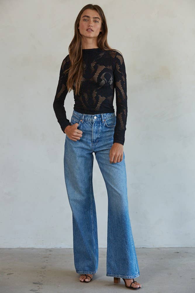 Jacquard Mock Neck Long Sleeve Top-Black