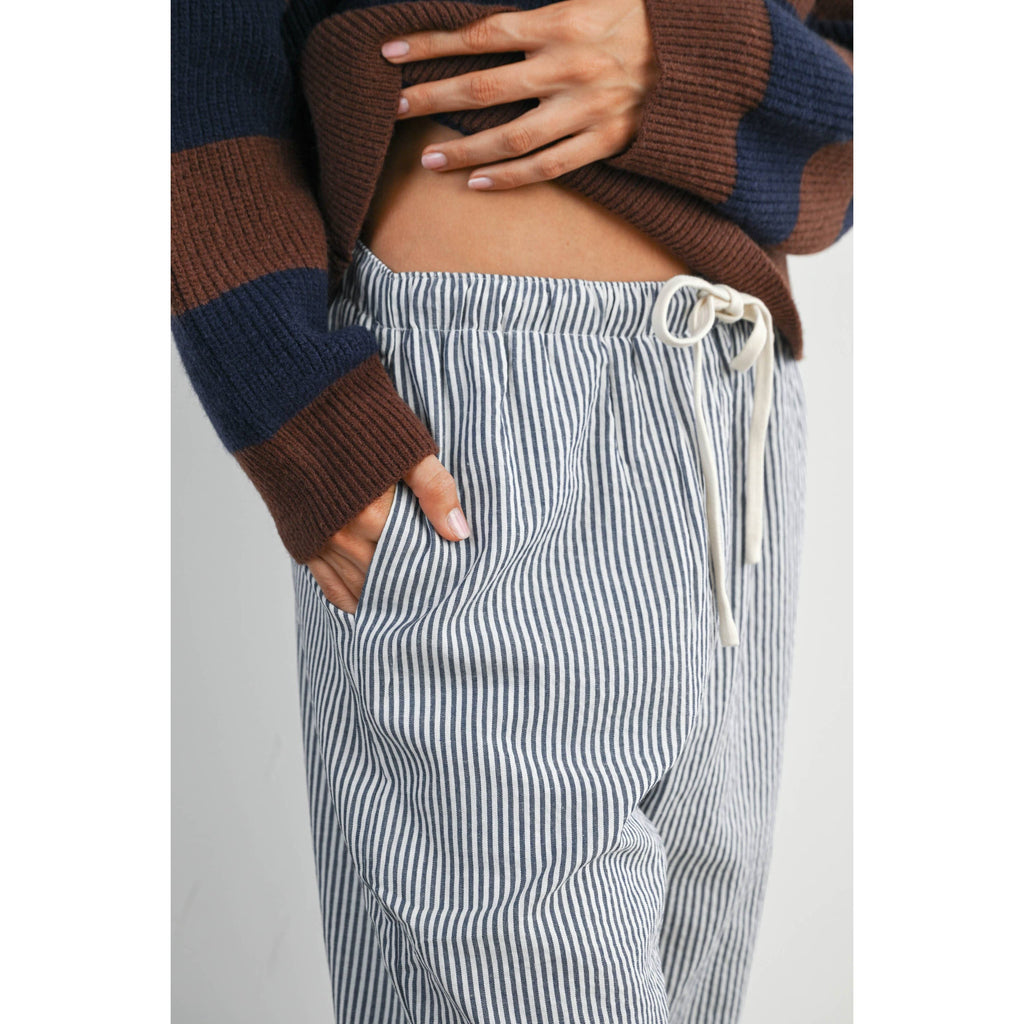 Drawstring Waist Striped Pants-NAVY