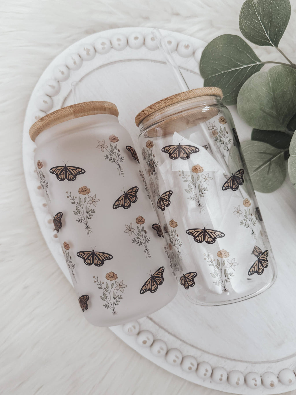 Boho Butterfly 16oz Glass Cup with Bamboo Lid-Frosted