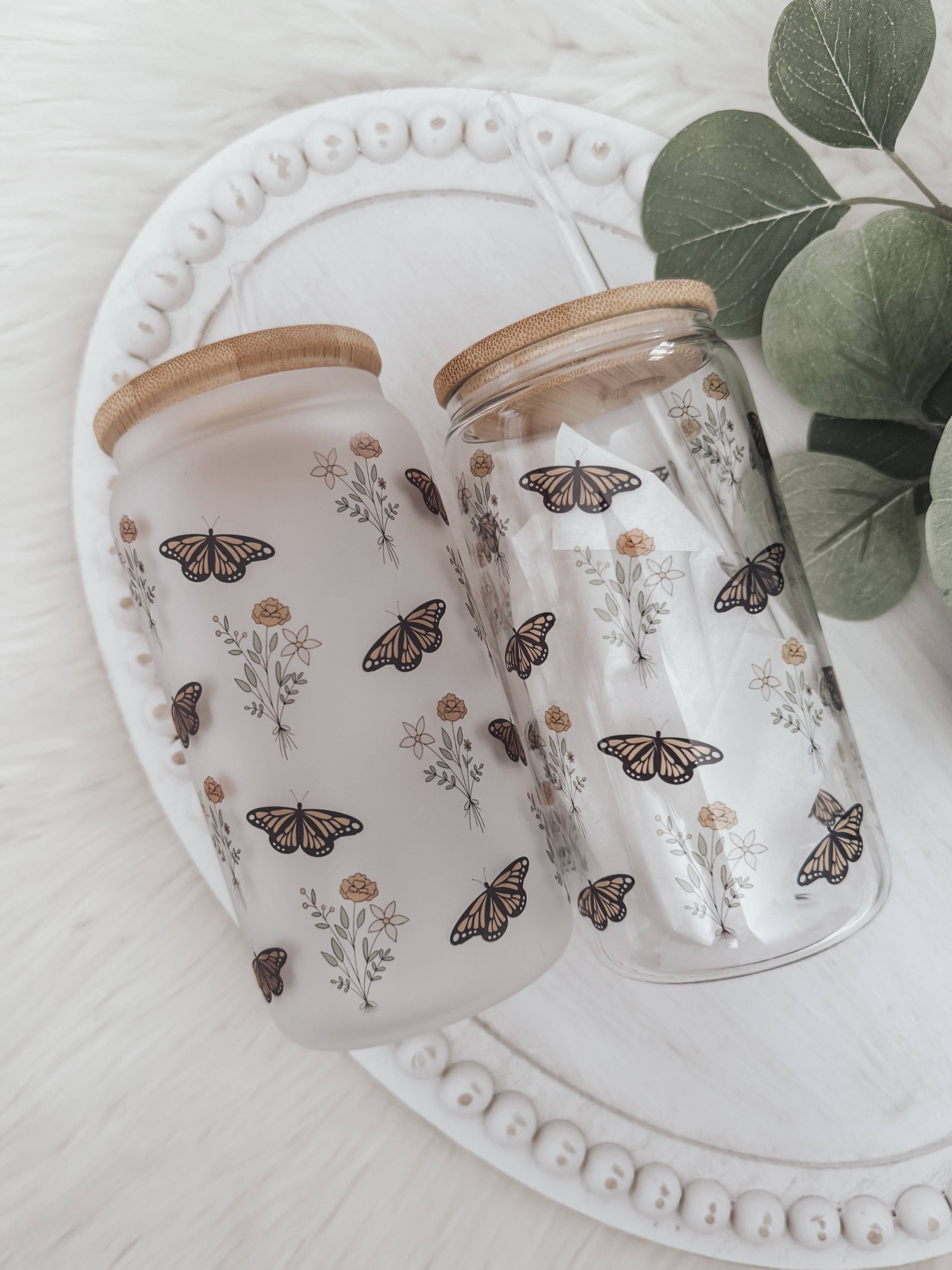 Boho Butterfly 16oz Glass Cup with Bamboo Lid-Frosted