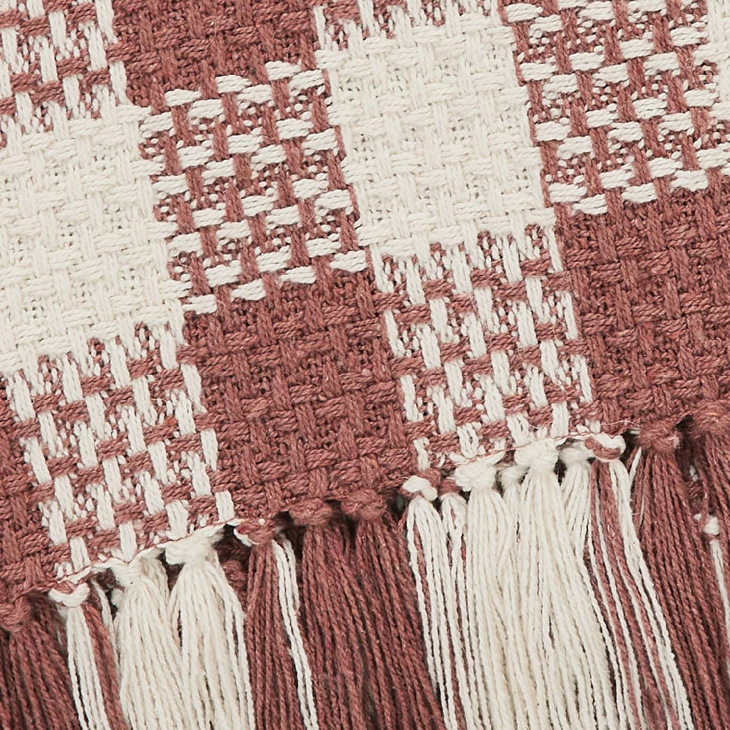 Dusty Rose Woven Check Throw Blanket with Fringe