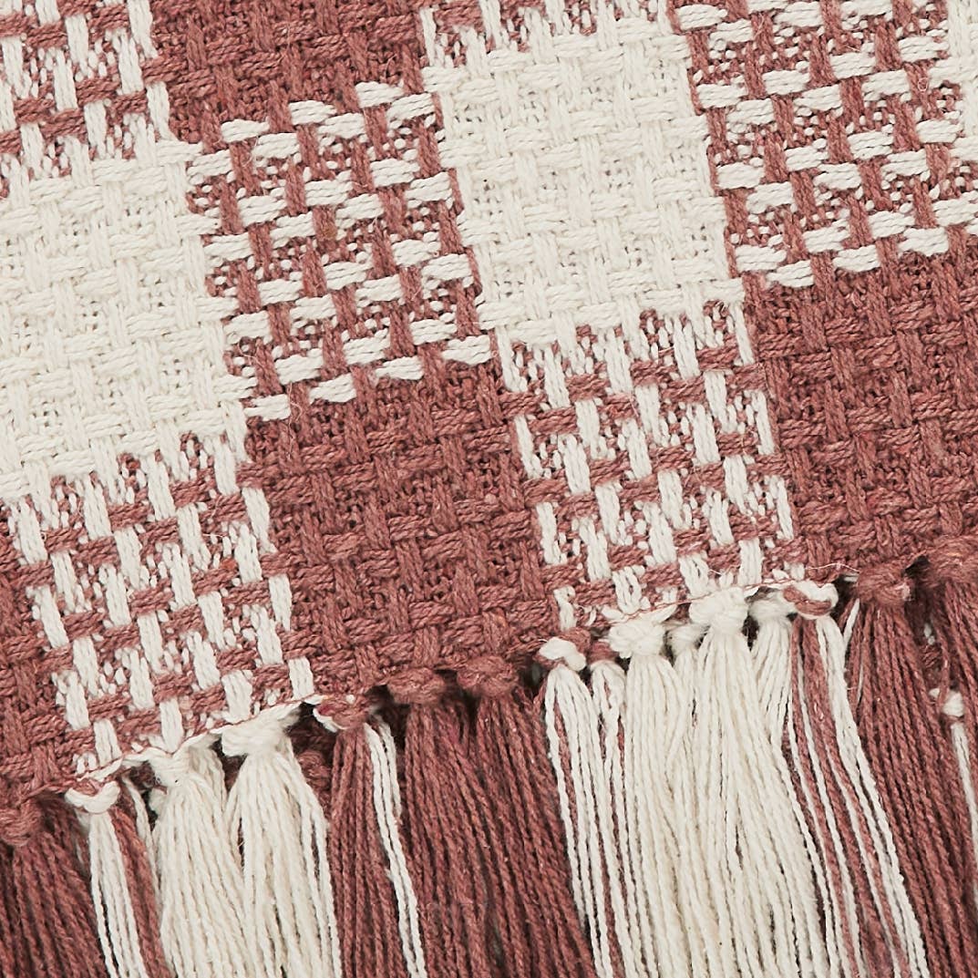 Dusty Rose Woven Check Throw Blanket with Fringe