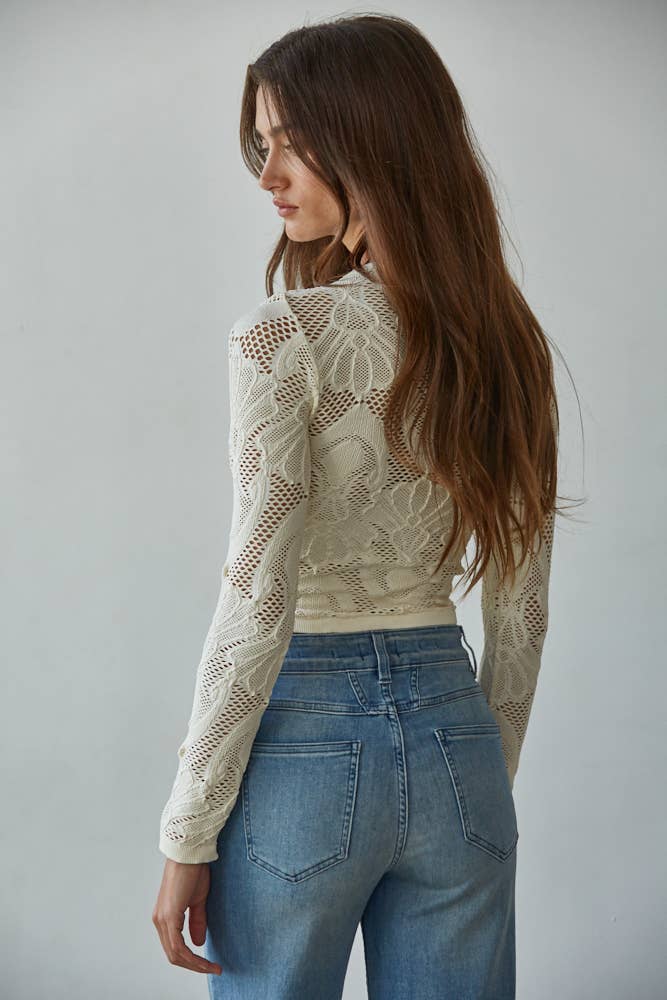 Jacquard Mock Neck Long Sleeve Top-Cream