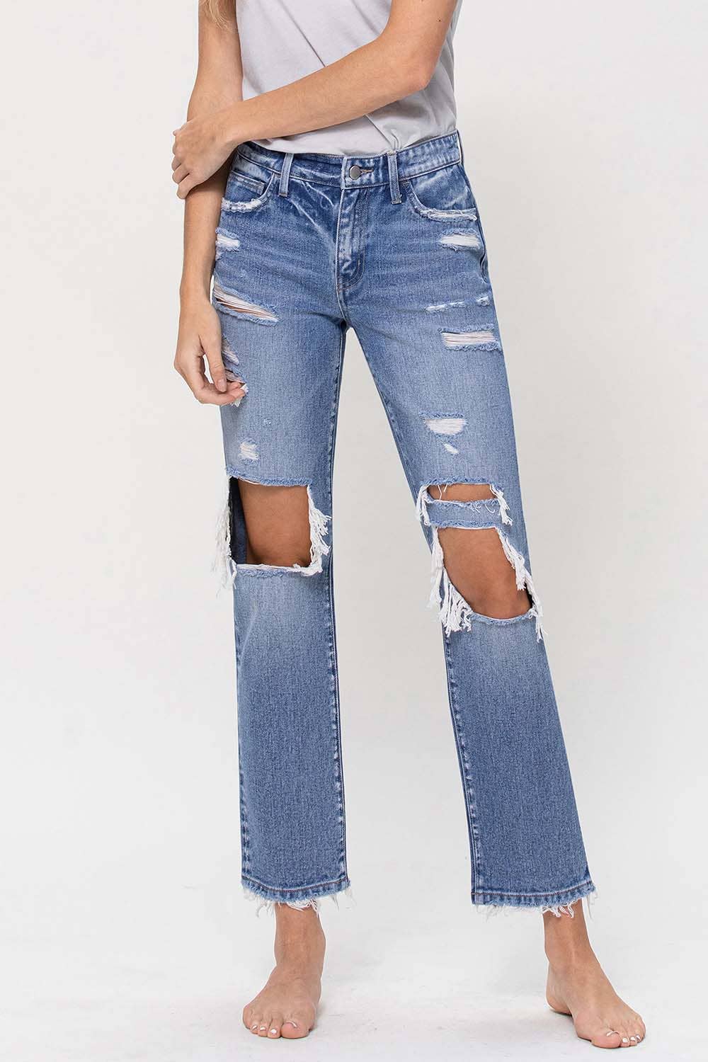 MID RISE DISTRESSED STRAIGHT JEANS