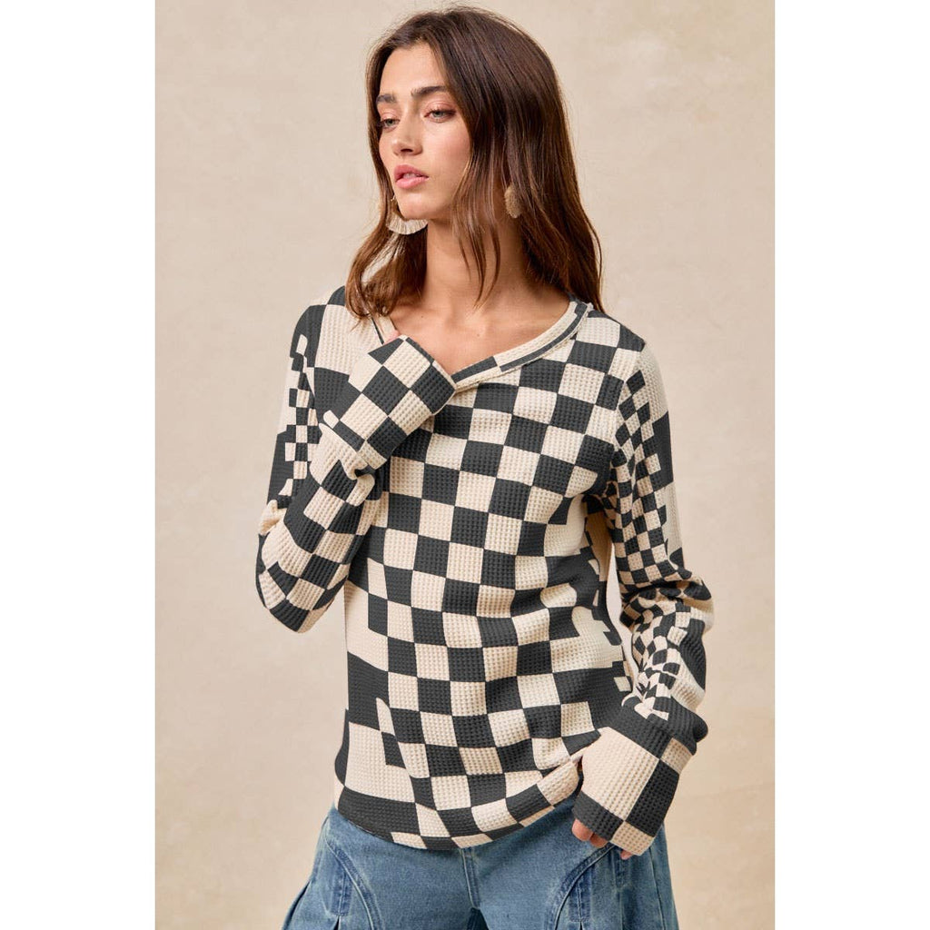 SLOANE CHECKERED WAFFLE THERMAL-BLACK/OATMEAL