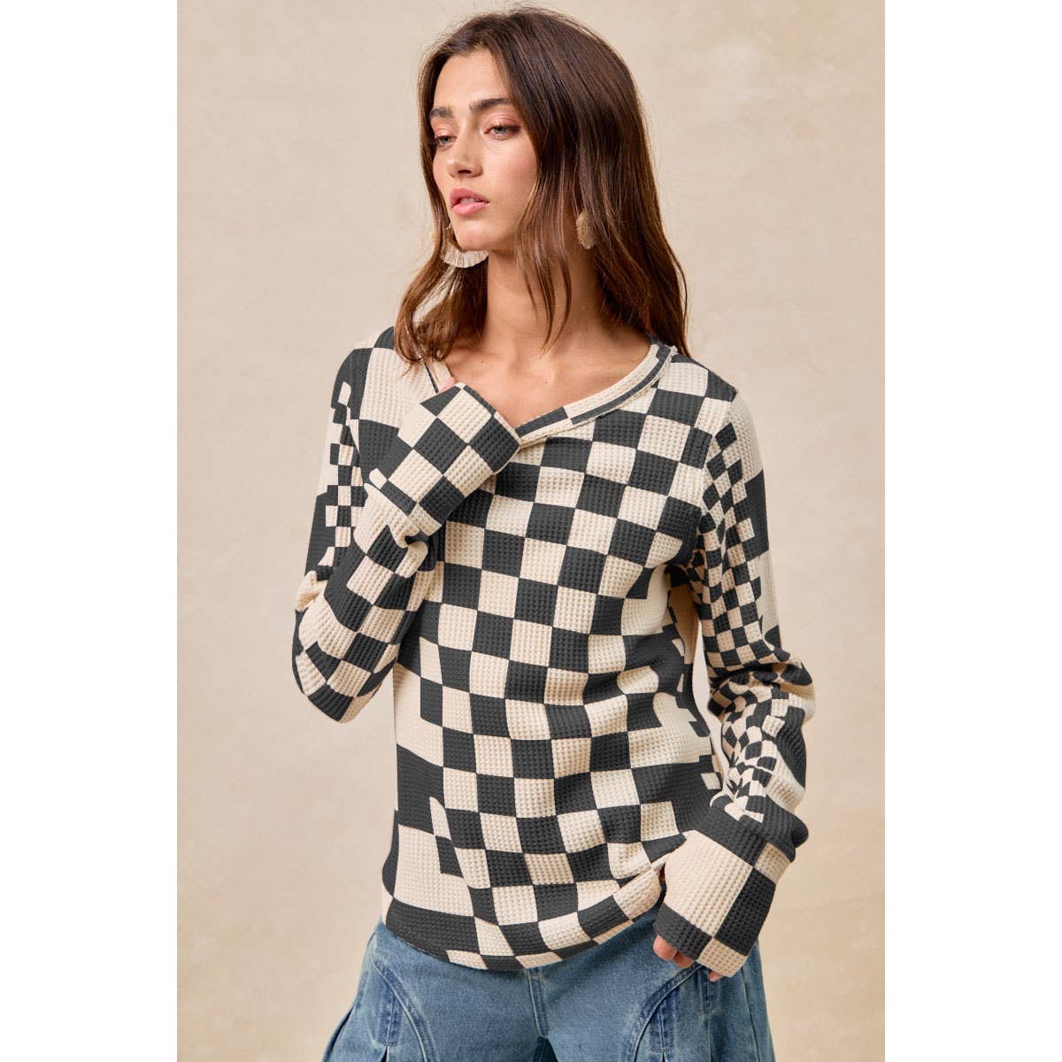 SLOANE CHECKERED WAFFLE THERMAL-BLACK/OATMEAL