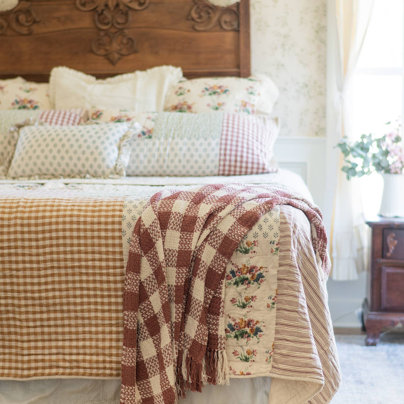 Dusty Rose Woven Check Throw Blanket with Fringe