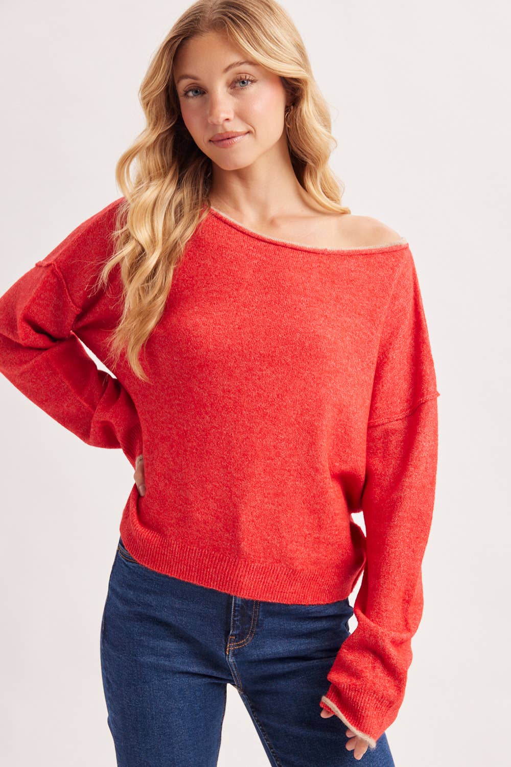 ELOWEN SOFT HEATHERED KNIT PULLOVER SWEATER-Red