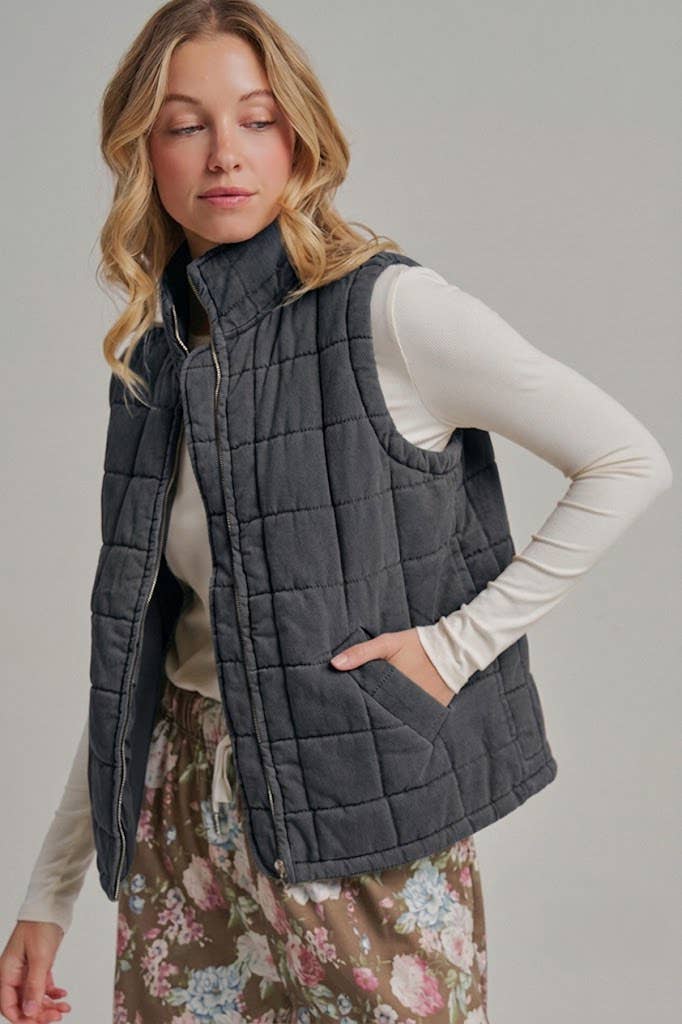 VINTAGE WASHED QUILTED PUFFER VEST-VINTAGE BLACK
