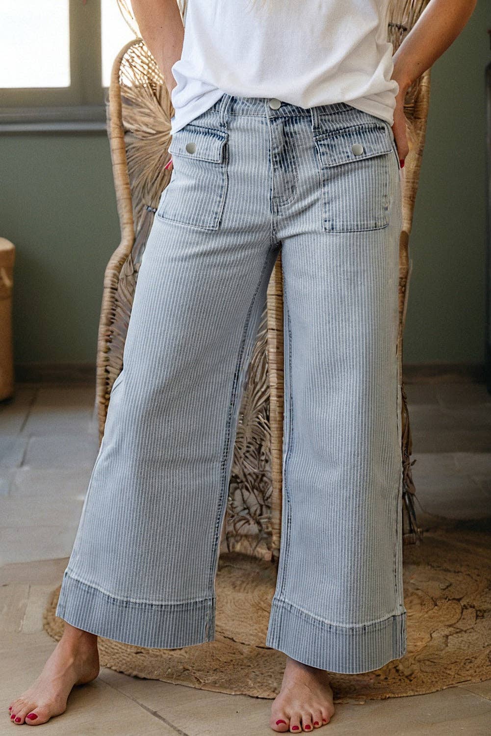 Sky Blue Striped Cuffed Wide Leg Jeans