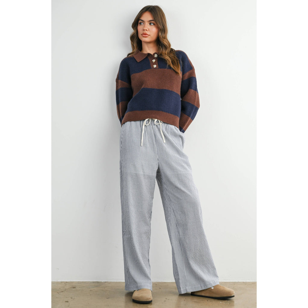 Drawstring Waist Striped Pants-NAVY