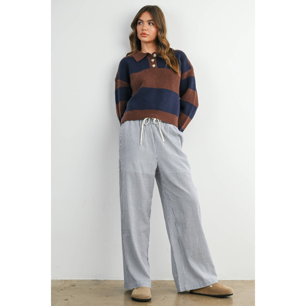 Drawstring Waist Striped Pants-NAVY